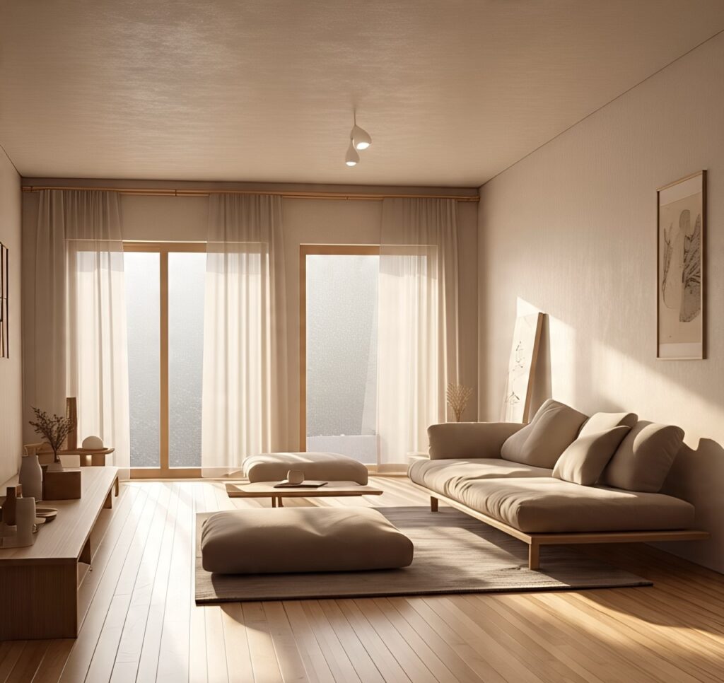"A modern Japandi living room with minimal low-height furniture, soft cushions, natural light coming through sheer curtains, neutral tones, wooden flooring, and clutter-free layout 