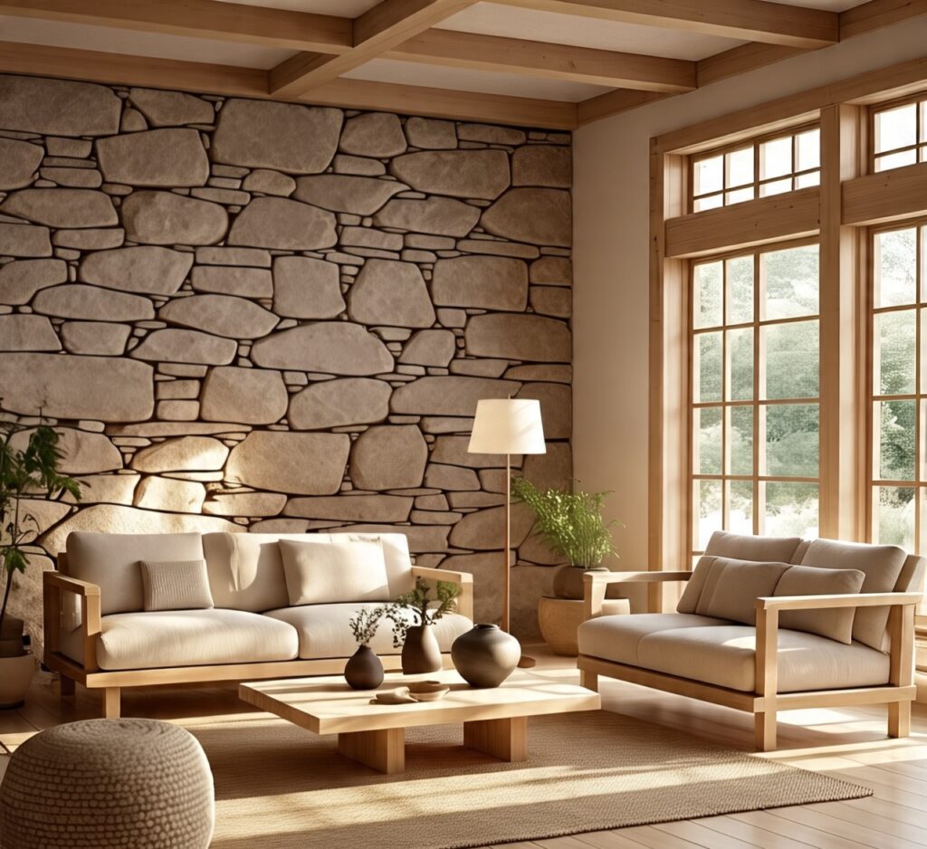 "A Japandi-style living room highlighting natural materials like light wood furniture, handmade ceramic decor, stone wall textures, jute rug, and linen fabrics.''

