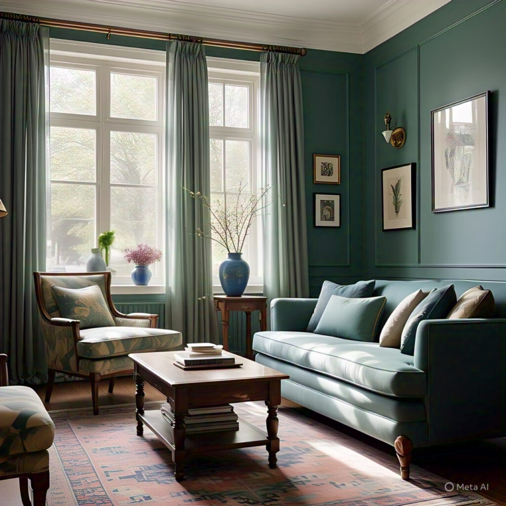 Muted green &deep blue living room