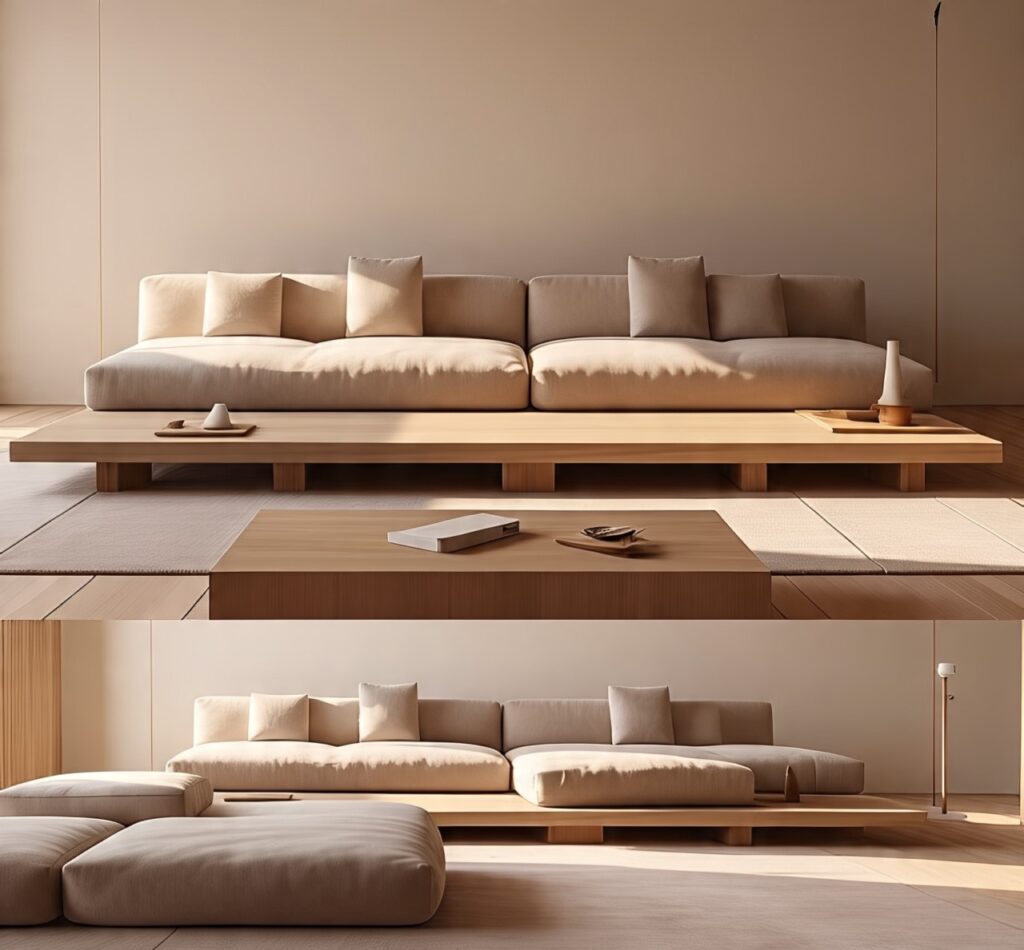 "Modern Japandi living room showing functional and simple furniture — low platform sofa, natural wood coffee table with hidden storage, floor cushions, clean lines, minimal decor.''