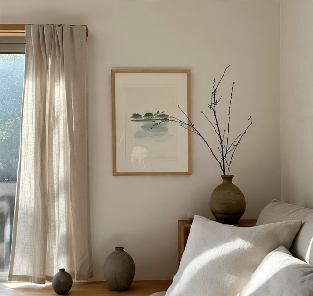 "A Japandi-inspired living room with minimal but meaningful decor — handmade ceramic vases, neutral-toned throw pillows, linen curtains, one art piece on the wall, cozy ambiance.''