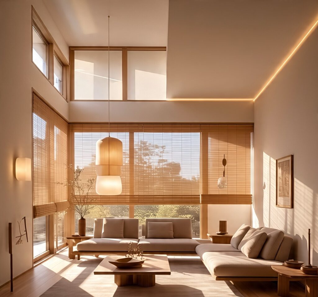 "Japandi style living room with floor-to-ceiling windows letting in warm natural light, soft glowing pendant lamps, bamboo blinds, warm-toned lighting, wooden accents and calming textures.''
