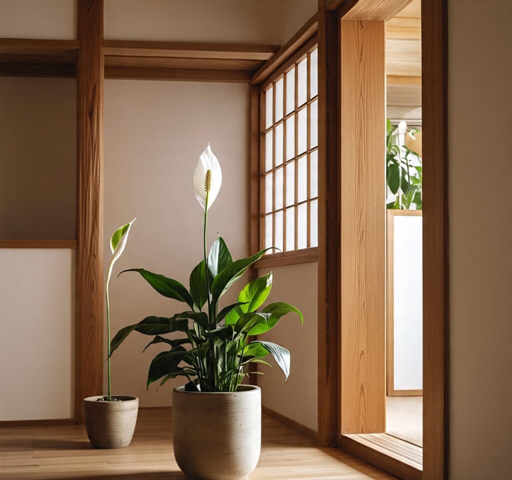 "Japandi living room with indoor plants.''