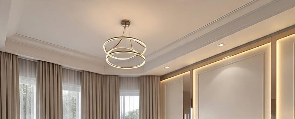 "Modern home with stylish false ceiling lights in India – featuring spot light, LED strip light, cove light
