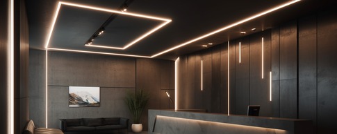 "Modern [room type] with stylish false ceiling lights in India – featuring LED Strip lights