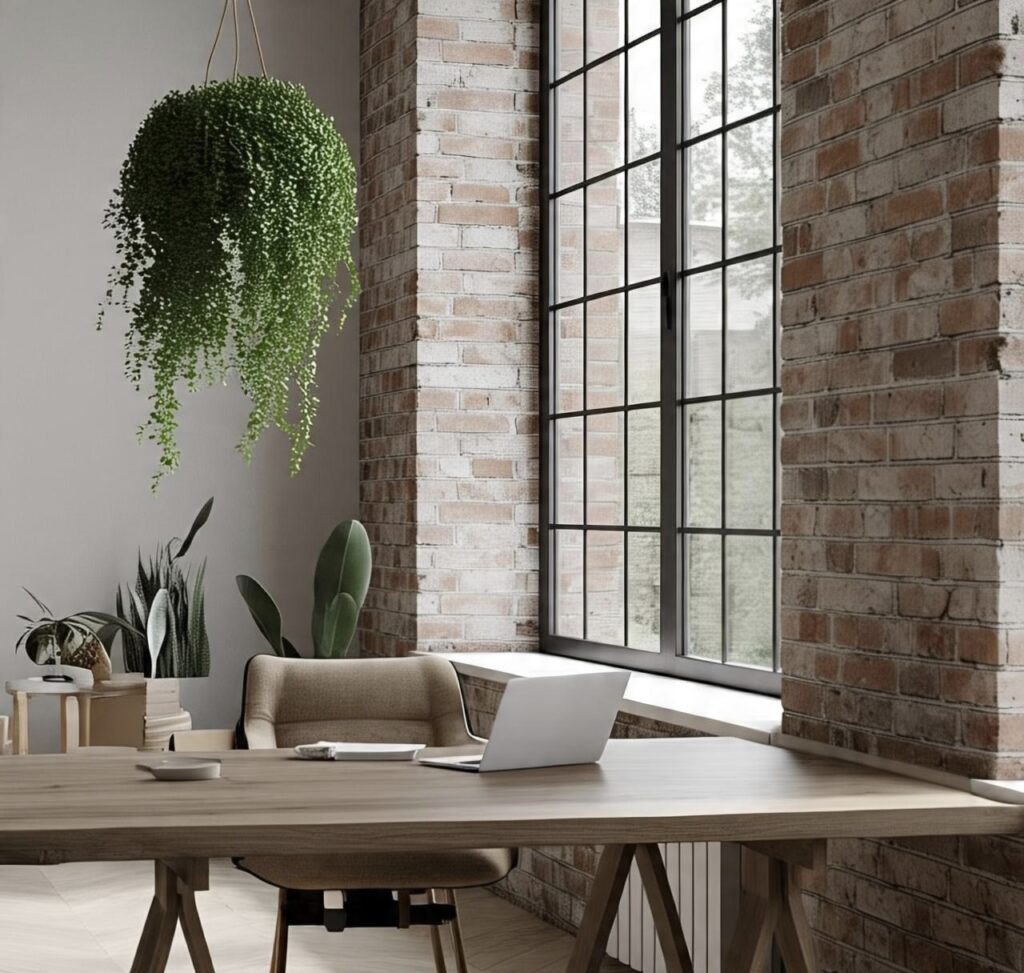 Modern biophilic home office with wooden desk, indoor plant, moss wall panel, and natural light through large window