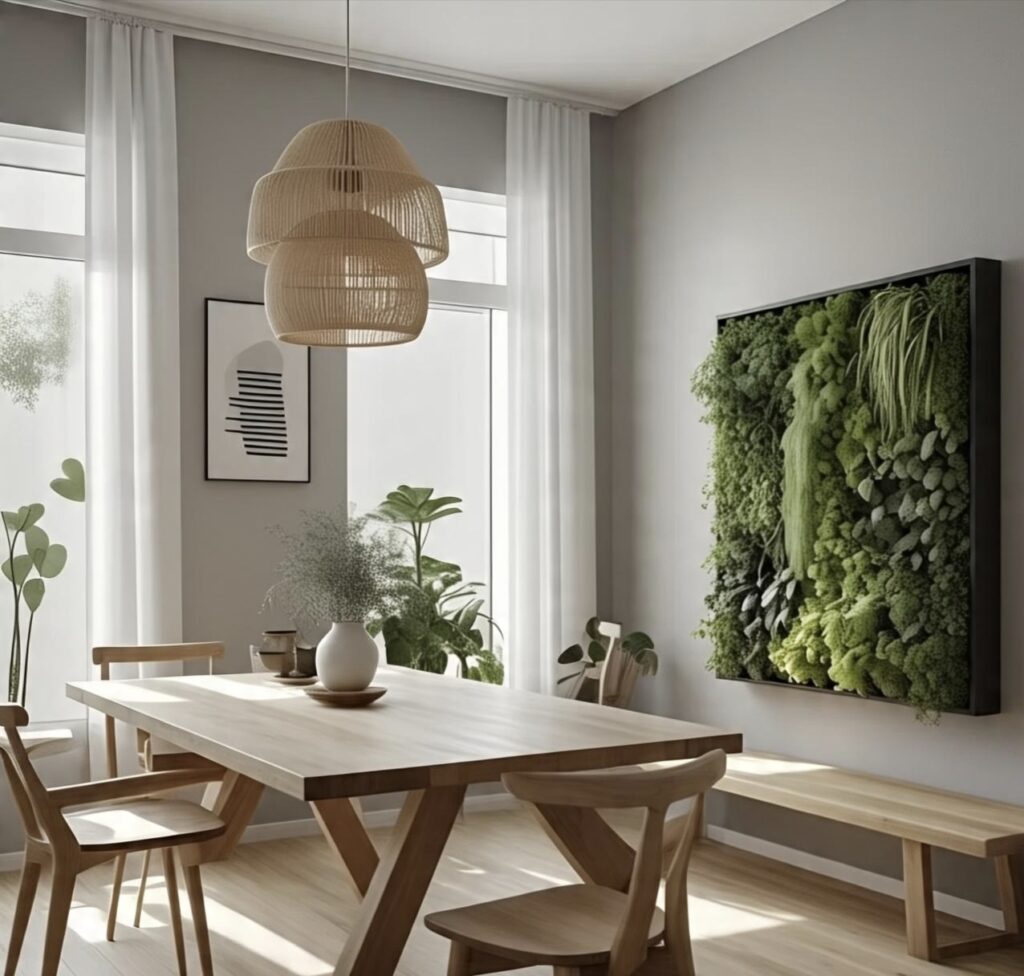 Cozy family dining space with vertical garden wall, handcrafted wooden table, and rattan pendant lights